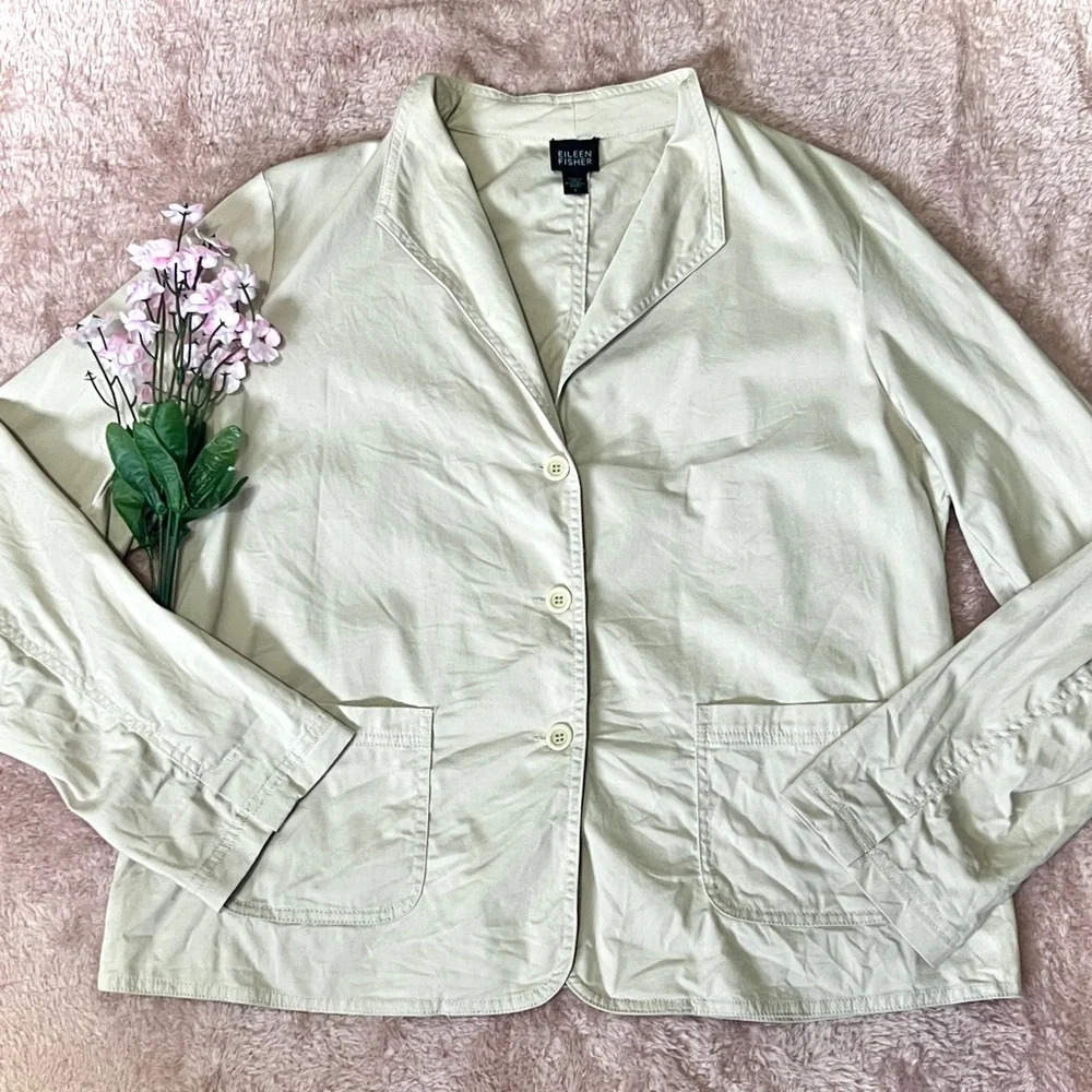 Eileen Fisher Khaki Button Down Cotton Blazer - Large